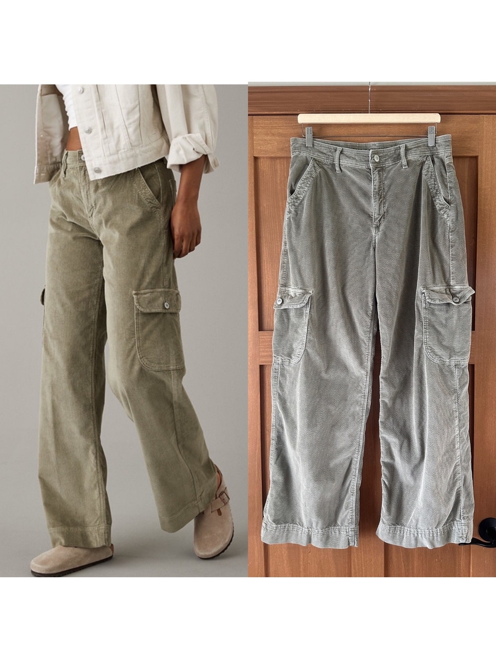 American Eagle Super High Rise Baggy Wide Leg Pants in Green Corduroy Women’s 12